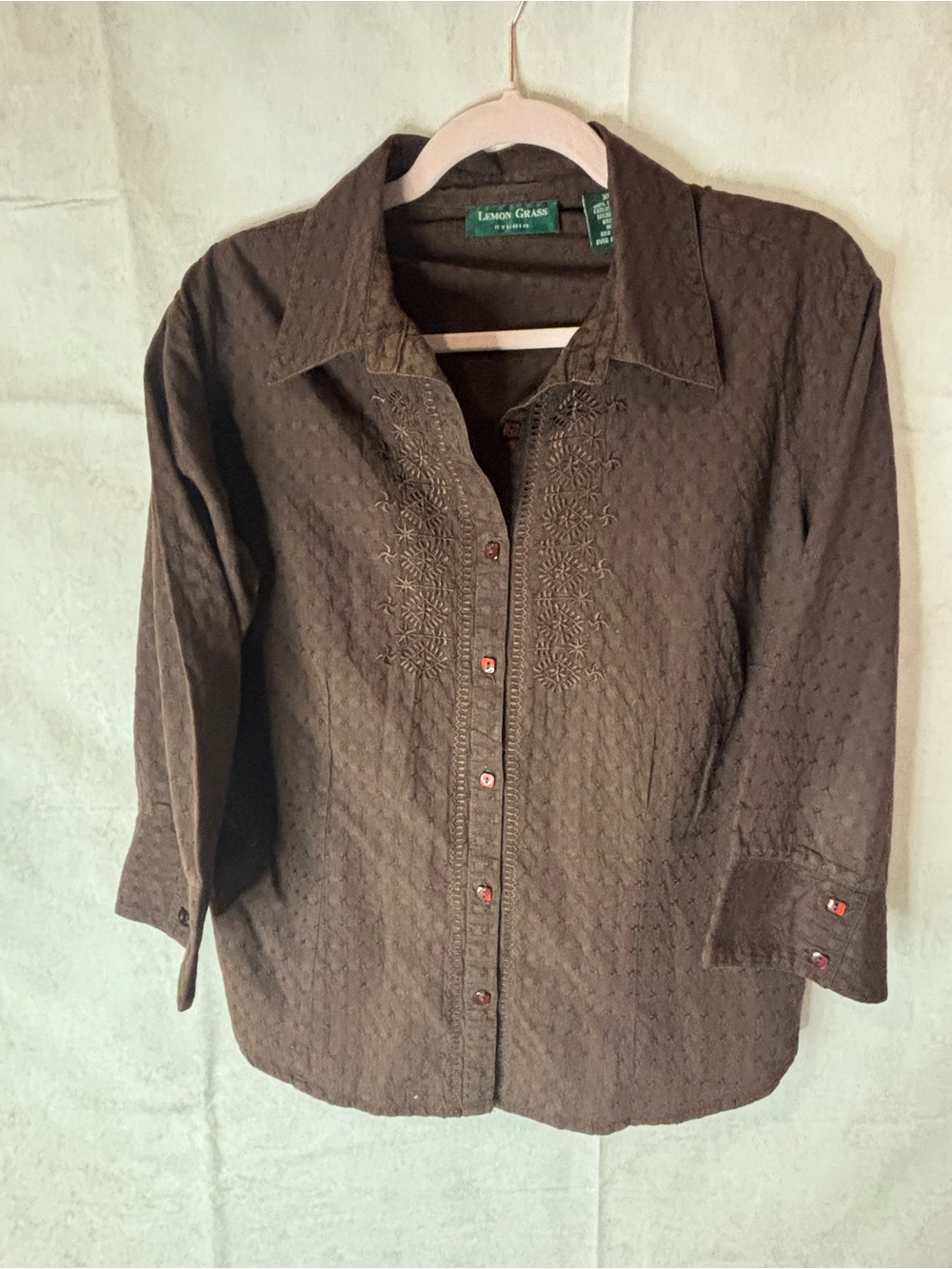 Lemon Grass Brown Embroidered Men's Button-Down Shirt